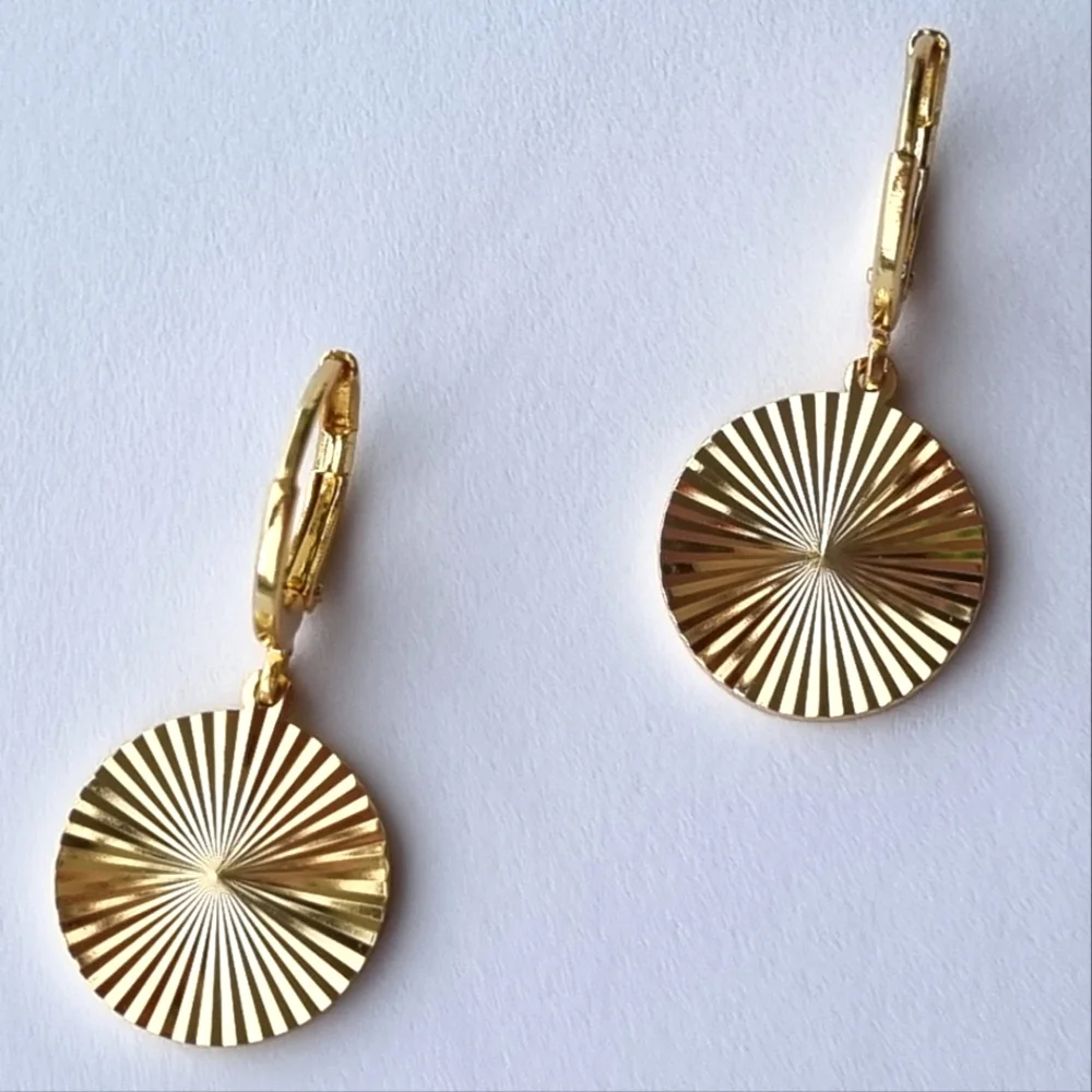 Earrings | Gold Toned | Round, Textured Sunburst | Huggies Hoop Drop Style. ๐ - Picture 12 of 16